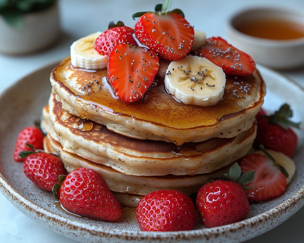 Pancakes cu banane și căpșuni, glazurate cu miere