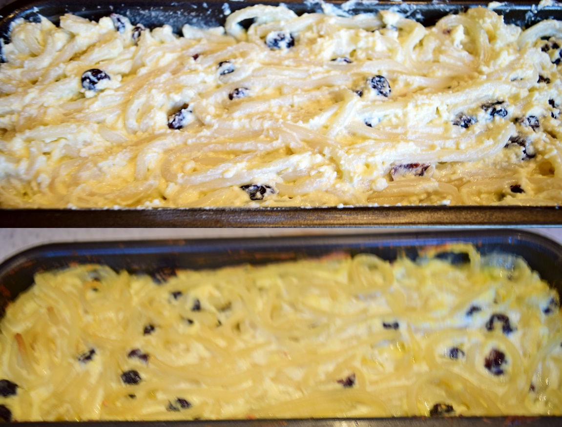 Macaroane cu brânză, ouă și merișoare, înainte și după coacere