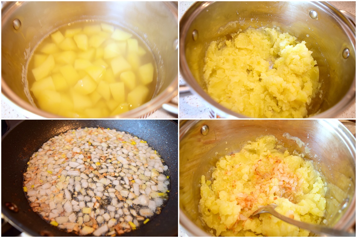 Pregătire umplutură pentru Plăcinte cu cartofi preparate la tigaie