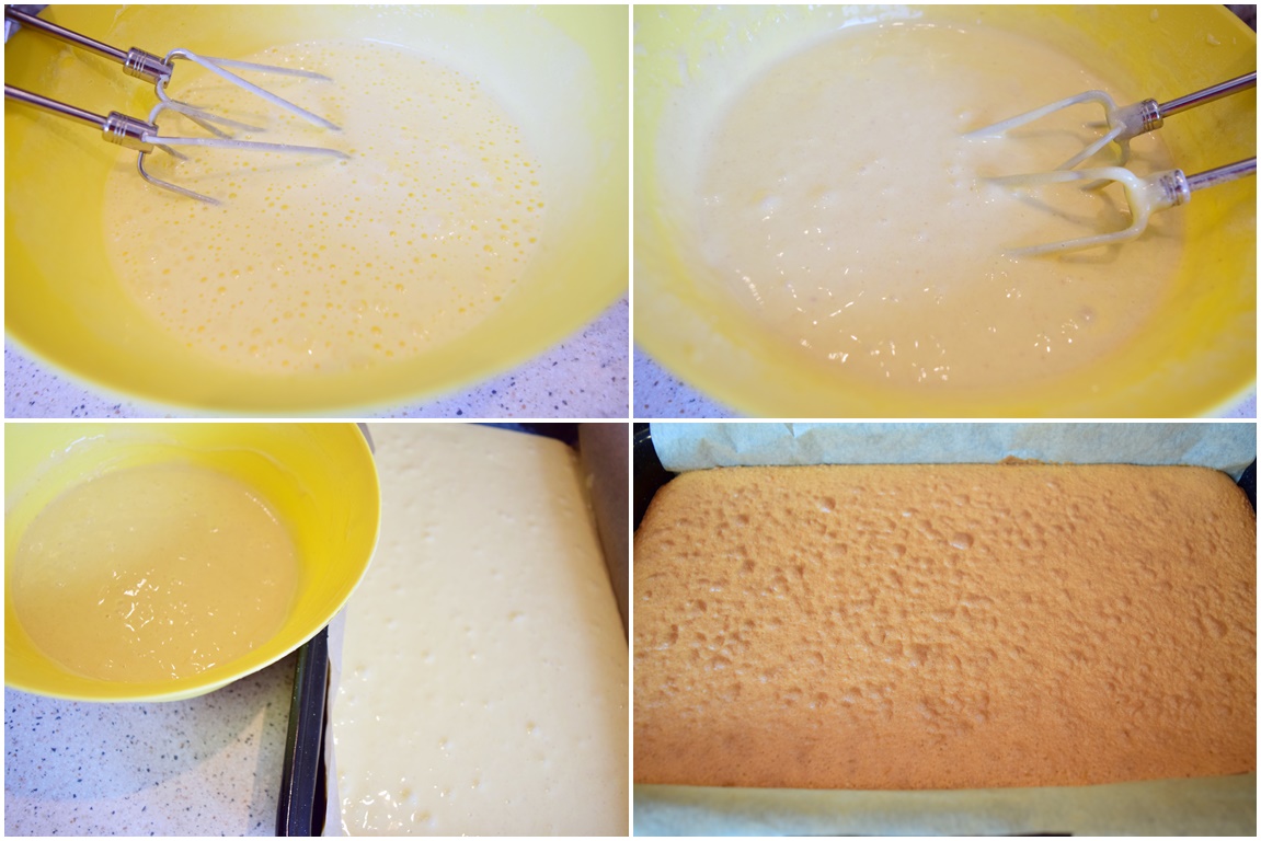 Colaj de poze cu prepararea aluatului pentru prăjitura turnată