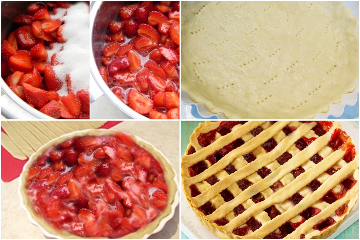 Colaj cu poze din timpul preparării tartei cu căpșuni și mentă