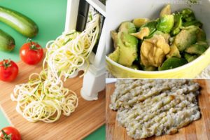 Colaj de poze cu pașii de preparare Salată de vinete cu avocado și dovlecel spiralat