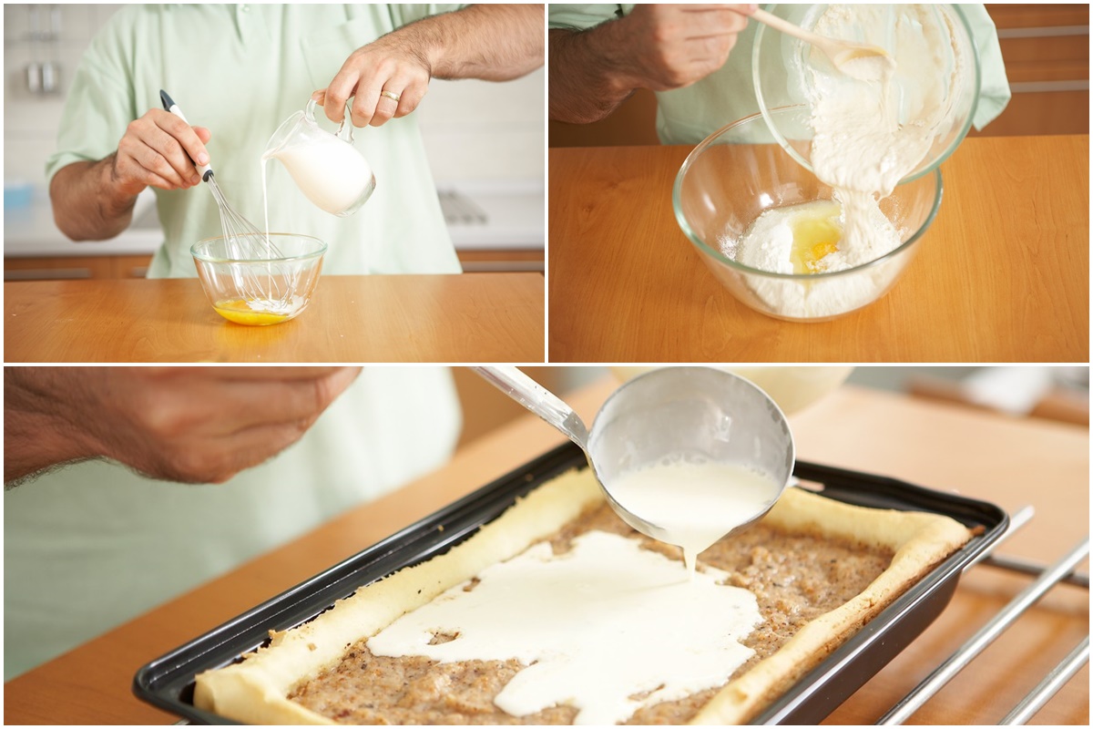Colaj de poze cu pașii de preparare budincă de vanilie și întindere peste prăjitură