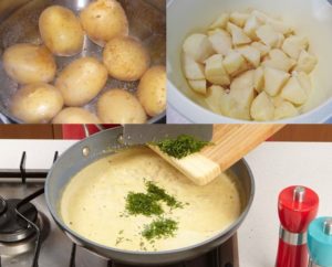 Colaj de poze cu pașii de preparare ai rețetei de Salată de cartofi cu sos de muștar și smântână
