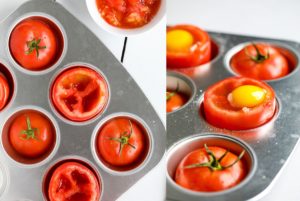 Colaj de poze cu modul de preparare pentru ouă ochiuri în roșii