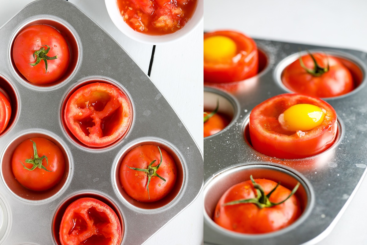 Colaj de poze cu modul de preparare pentru ouă ochiuri în roșii