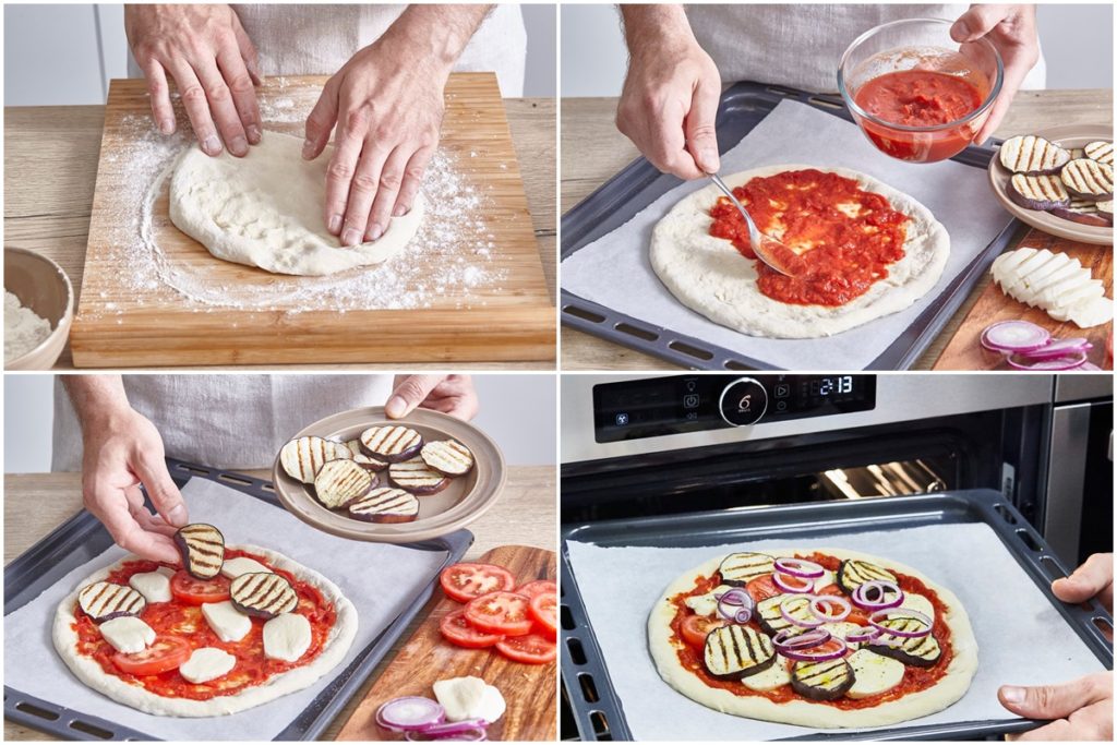 Colaj de poze cu pașii de preparare pizza cu vinete și mozzarella