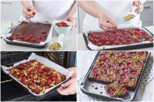 Colaj de poze cu pașii de asamblare și coacere a prăjiturii Brownie cu zmeură și fistic