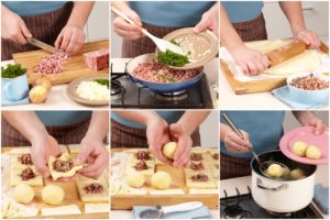 Colaj de poze cu modul de preparare al rețetei de Găluște de cartofi cu bacon afumat