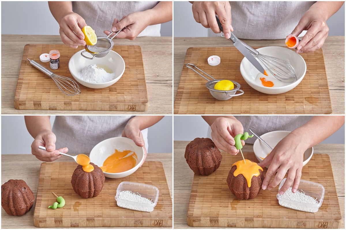 Colaj de poze cu pașii de preparare glazură icing și decorare Muffins fantezie sub formă de dovleac