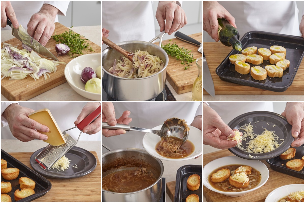 Colaj de poze cu pașii de preparare pentru rețeta de Supă franțuzească de ceapă cu brânză gratinată