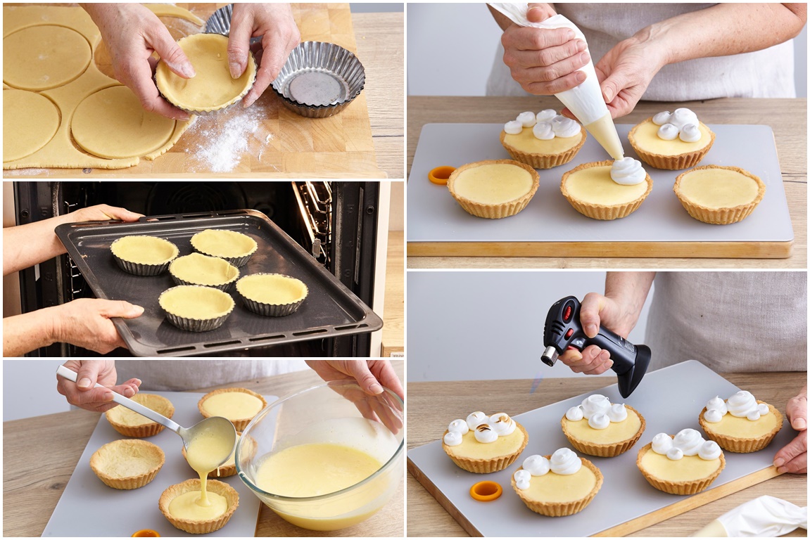 Colaj de poze cu pașii de preparare crustă și asamblare mini tarte cu cremă de lămâie și bezea