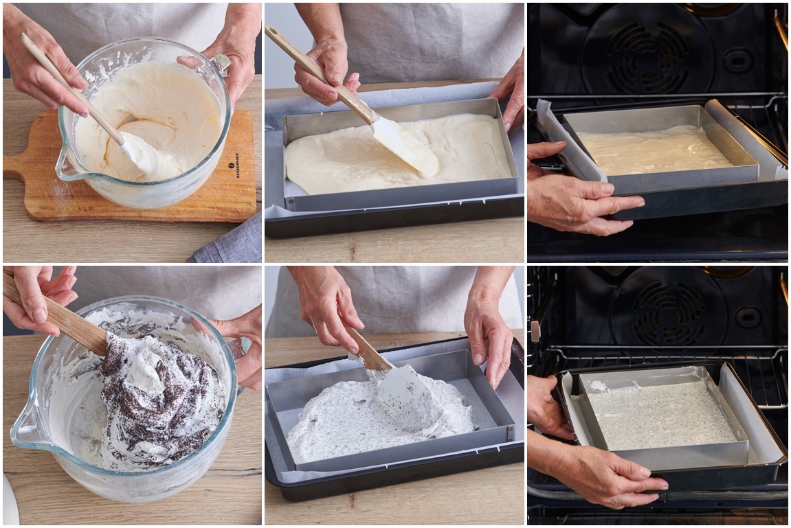 Colaj de poze cu pașii de preparare ai blaturilor pentru prăjitură cu mac și piersici din compot