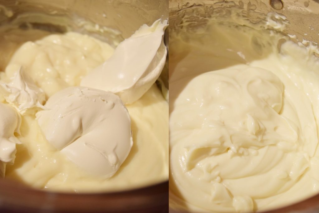 Colaj de poze cu pașii de preparare cremă de mascarpone cu ciocolată albă