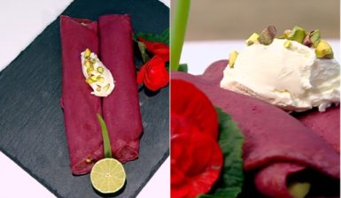 Colaj de poze cu prezentarea delicioaselor Clătite cu sfeclă roșie și guacamole