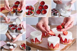 Colaj de poze cu pașii de asamblare mini cheesecakes cu căpșuni