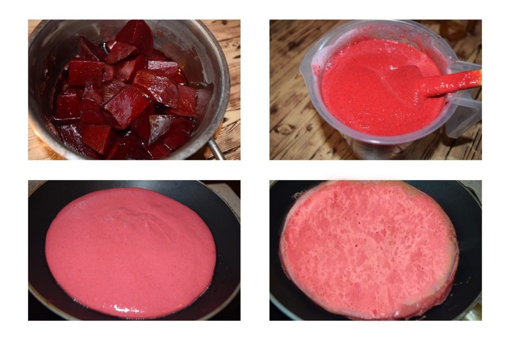Colaj de poze cu pașii de preparare clătite cu sfeclă roșie