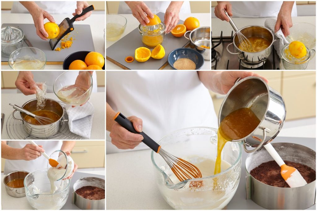Colaj de poze cu pașii de preparare cremă de brânză cu portocale