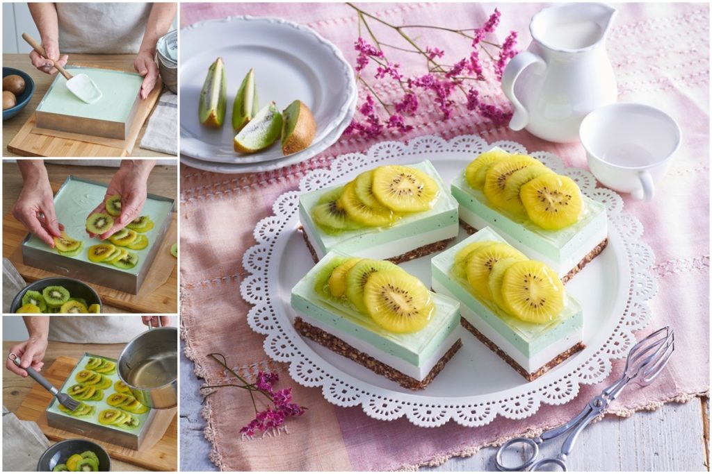 Colaj de poze cu pașii de decorate și porționare prăjitură fără coacere cu kiwi