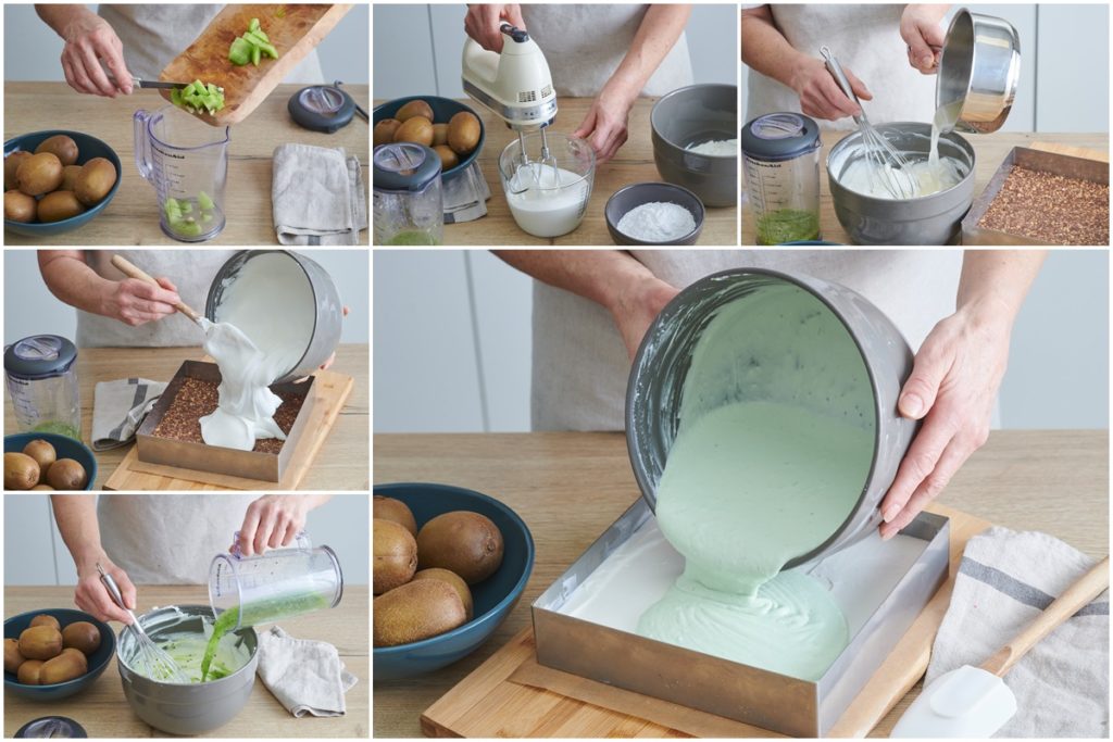 Colaj de poze cu pașii de preparare creme și asamblarea prăjiturii