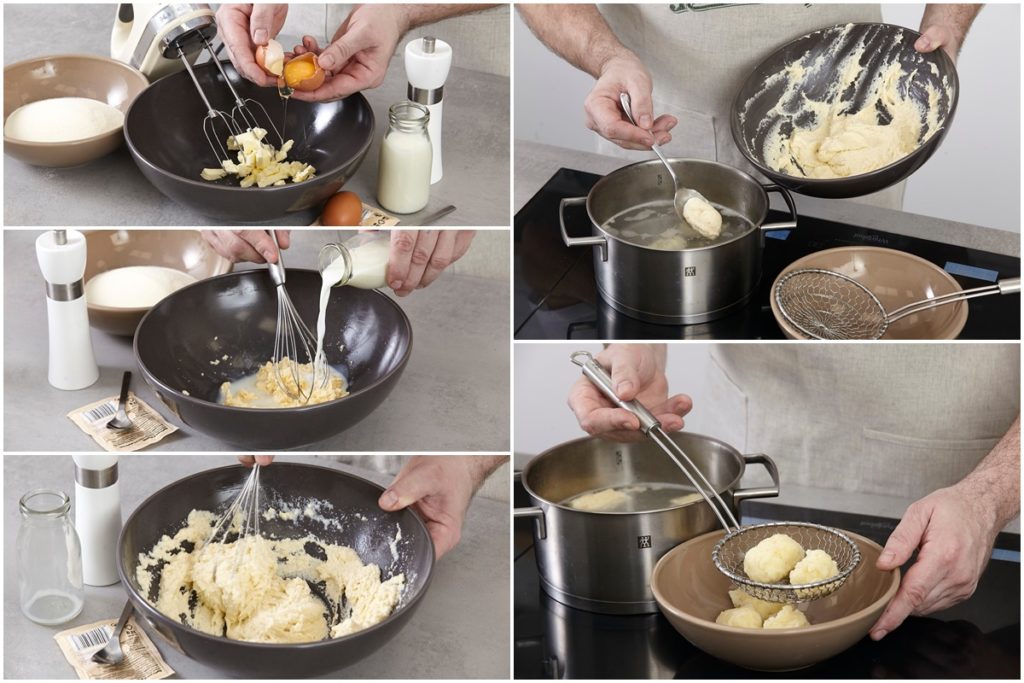 Colaj de poze cu pașii de preparare găluște de făină cu ouă și unt