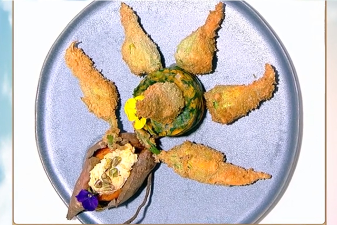 Prezentarea preparatului din flori de dovleac și piure de cartofi dulci