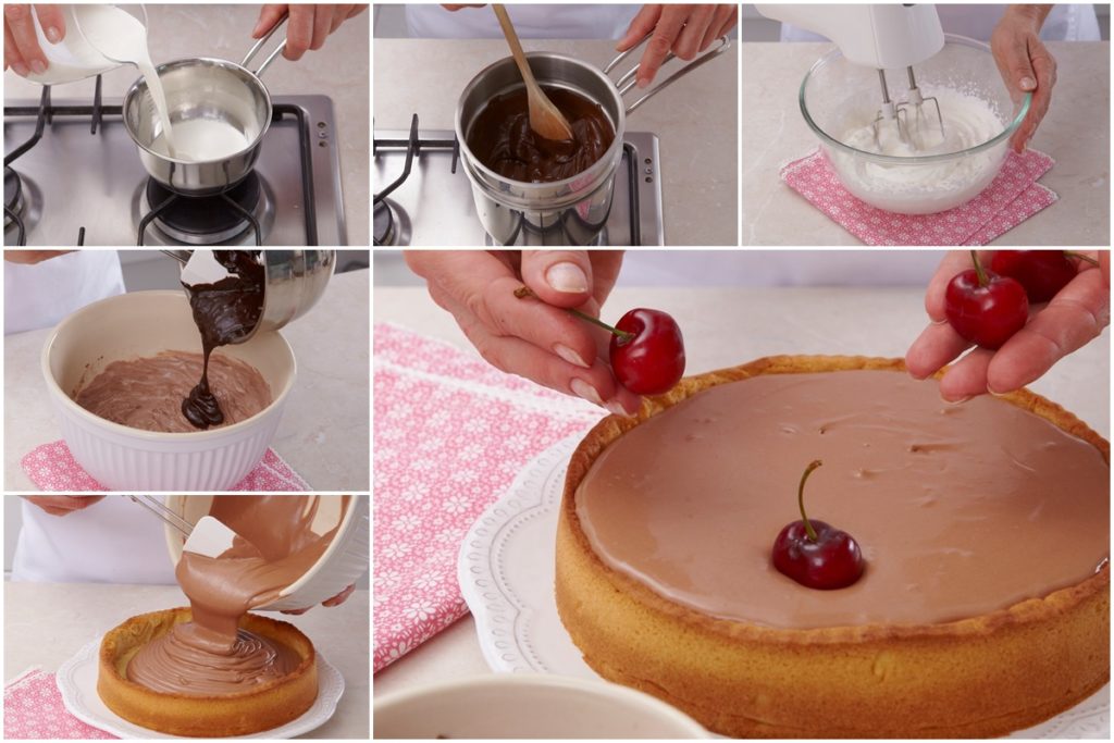 Colaj de poze cu pașii de asamblare a tartei cu ciocolată și cireșe
