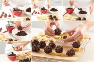 Colaj de poze cu pașii de montare a pralinelor de ciocolată în crustele de mini tarte