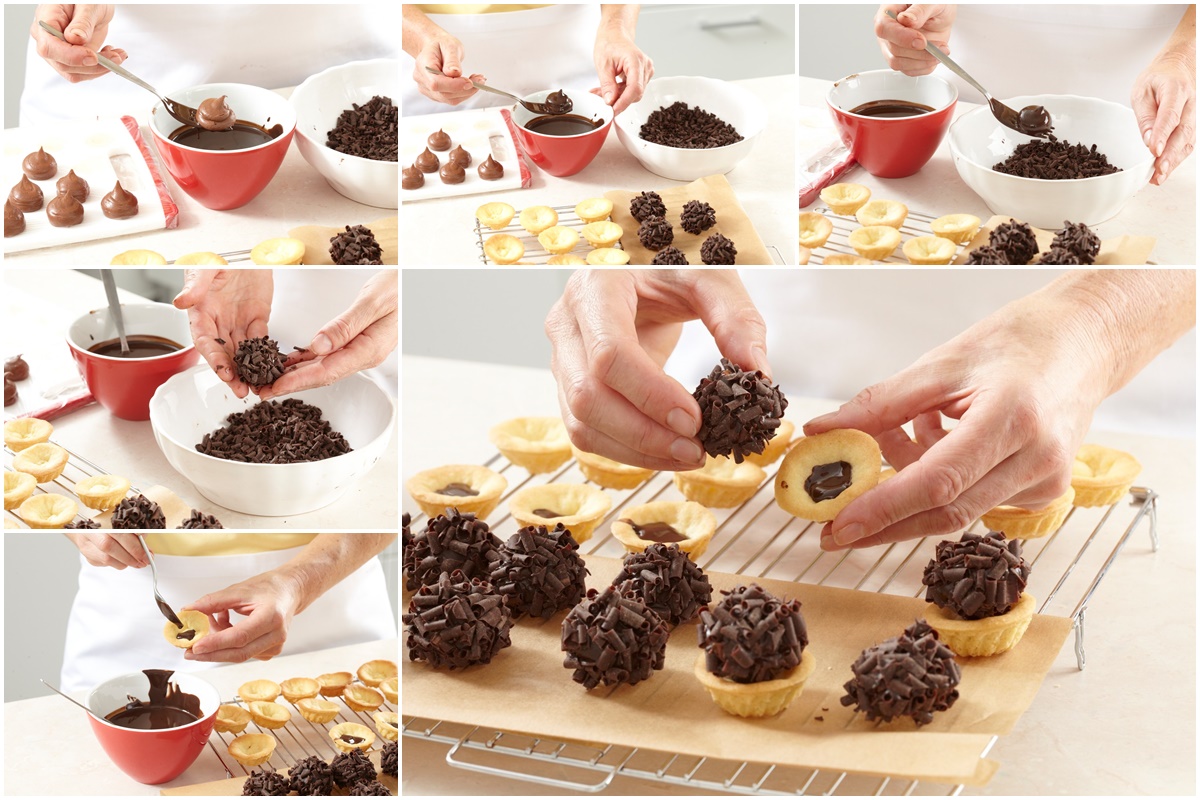 Colaj de poze cu pașii de montare a pralinelor de ciocolată în crustele de mini tarte