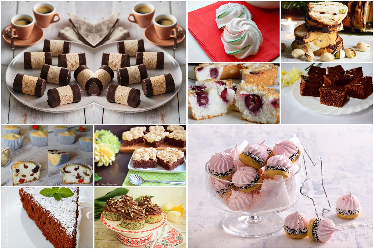 Colaj de poze cu rețete de prăjituri din albușuri