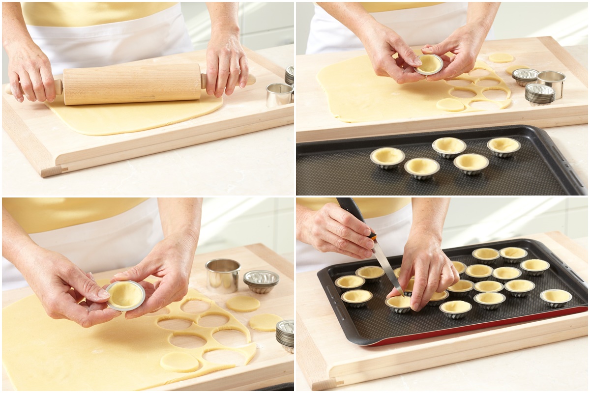 Colaj de poze cu pașii de preparare a crustelor de mini tarte