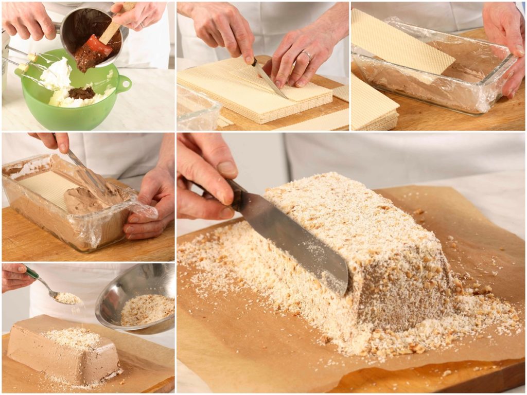 Colaj de poze cu pașii de preparare a prăjiturii cu foi de napolitane