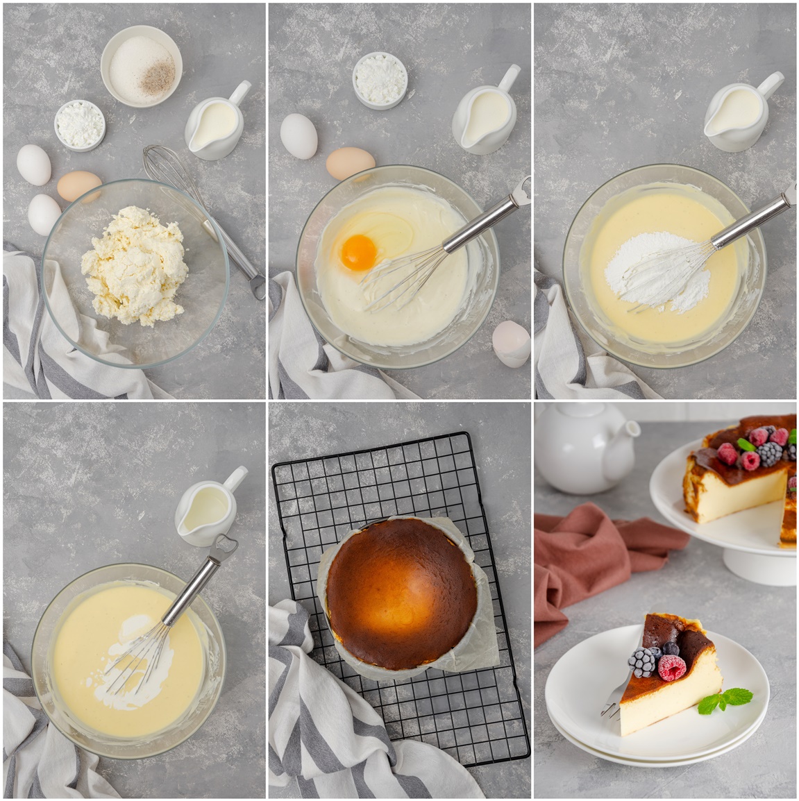 Colaj de poze cu pașii de preparare ai cheesecake-ului spaniol
