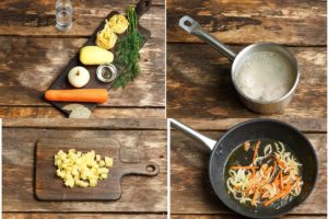 Colaj de poze cu pașii de pregătire a ingredientelor pentru supă