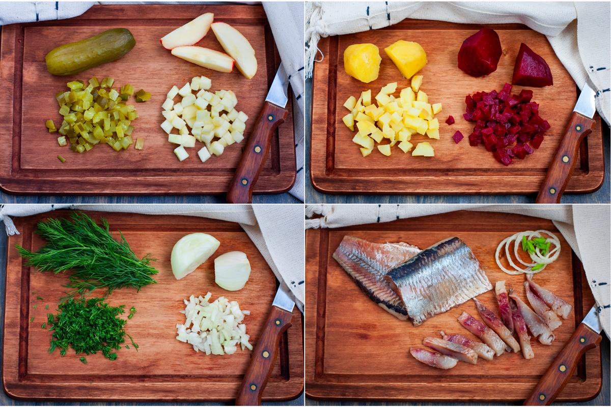 Colaj de poze cu pașii de pregătire a ingredientelor pentru salată