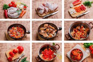 Colaj de poze cu pașii de preparare ai mâncării din carne de pui