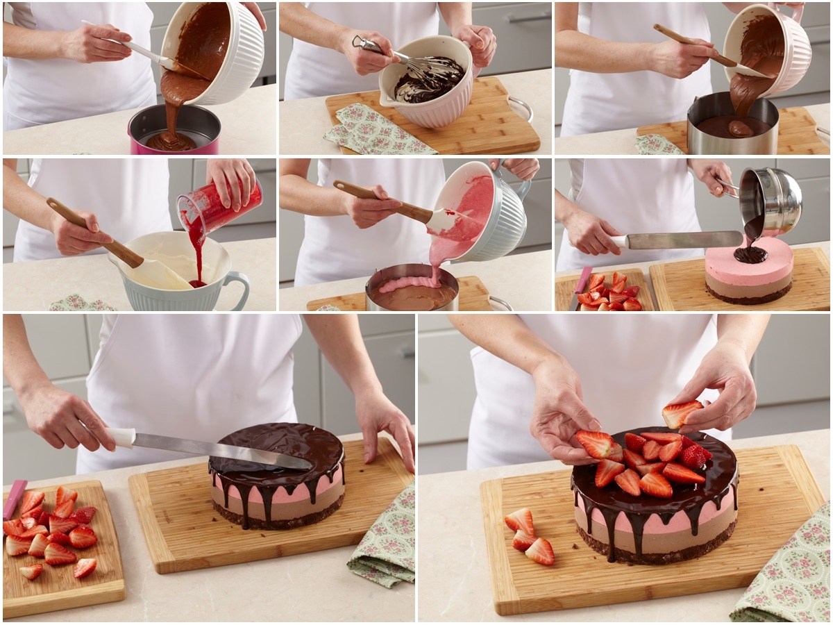 Colaj de poze cu pașii de preparare ai tortului cu mouuse de ciocolată, mousse de căpșuni și glazură de ciocolată