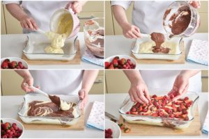 Colaj de poze cu pașii de preparare a prăjiturii bicolore cu căpșuni și zmeură