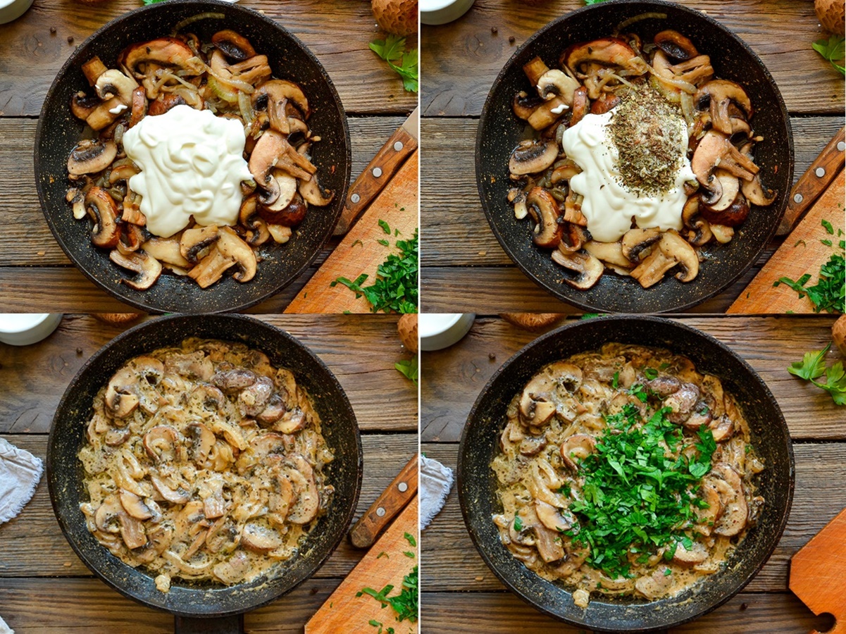 Colaj de poze cu pașii de preparare pentru ciuperci cu sos de smântână la tigaie