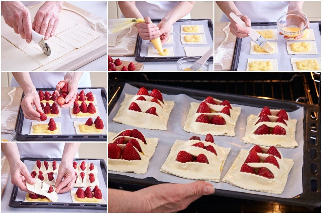 Colaj de poze cu pașii de preparare a mini tartelor cu căpșuni și vanilie