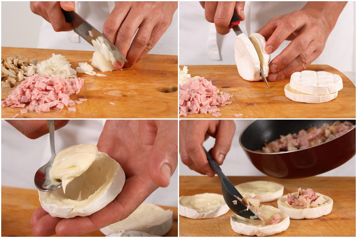 Colaj de poze cu pașii de umplere a bucăților de brânză Brie