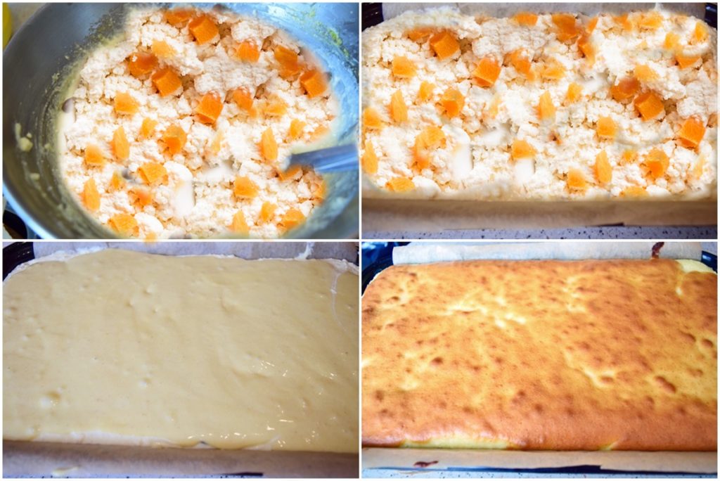 Colaj de poze cu pașii de preparare ai prăjiturii cu caise și brânză