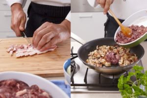 Colaj de poze cu pașii de preparare a ficățeilor cu bacon afumat