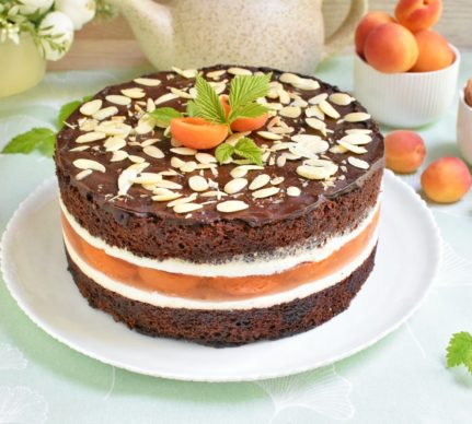 Tort Duo chocolat cu caise decorat cu fulgi de migdale, felii de caise și frunze verzi