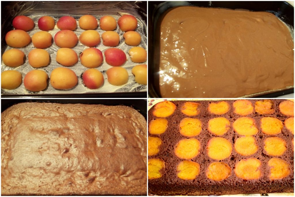 Colaj de poze cu pașii de preparare ai prăjiturii cu caise