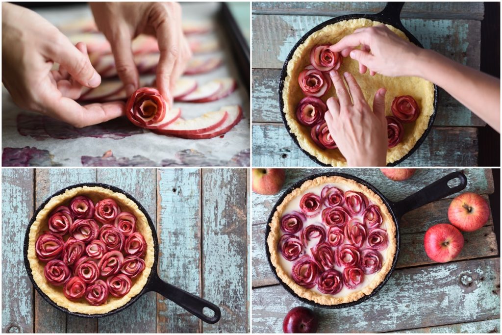 Colaj de poze cu pașii de preparare ai tartei cu mere sub formă de trandafiri