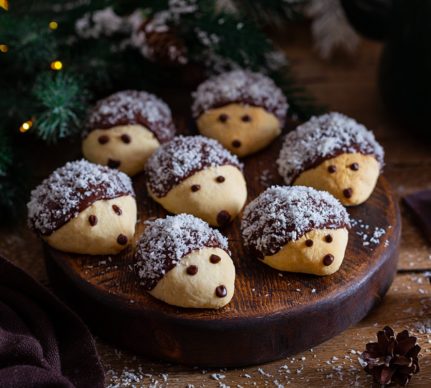 Fursecuri arici de iarnă, cu ciocolată și nucă de cocos pe un suport de lemn, alături de un brad împodobit