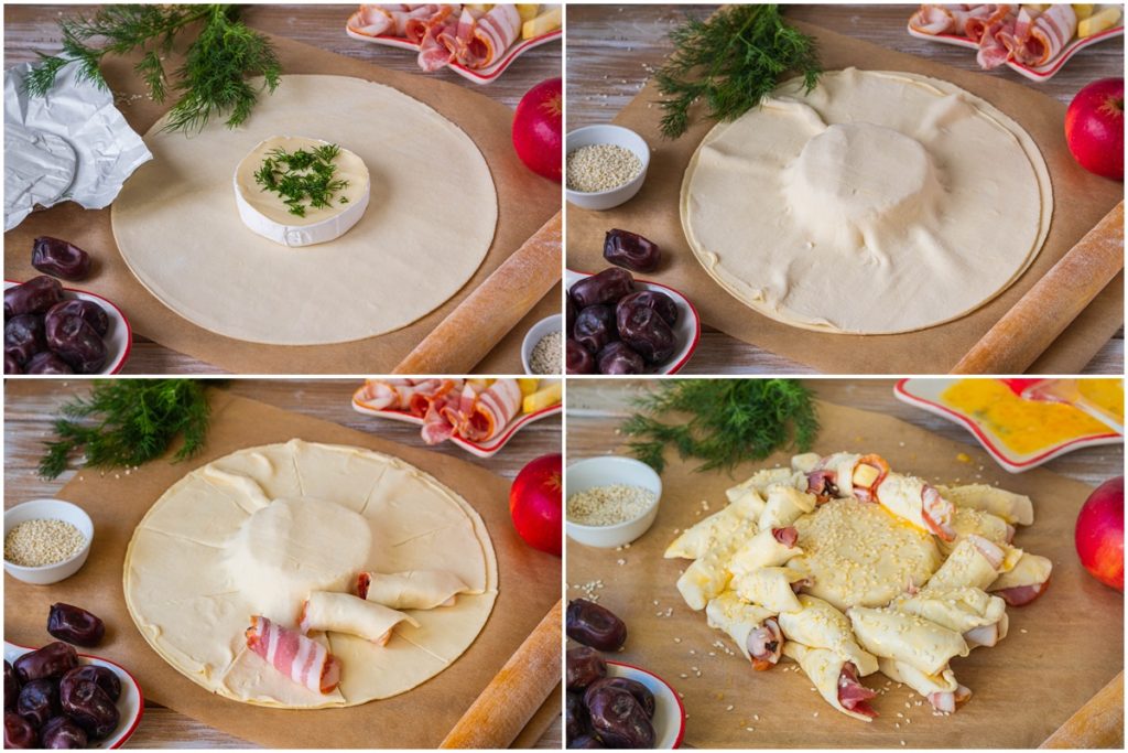 Colaj de poze cu pașii de preparare ai aperitivului din foietaj cu brânză Camembert