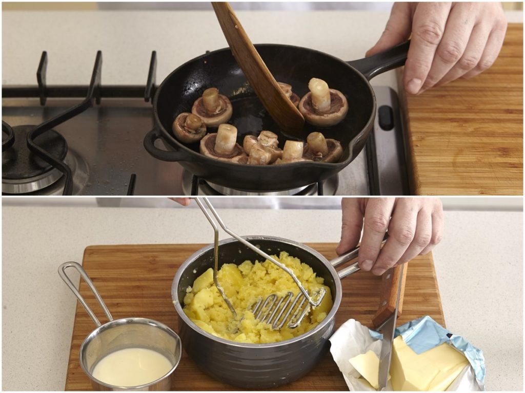 Ciuperci la tigaie și piure de cartofi