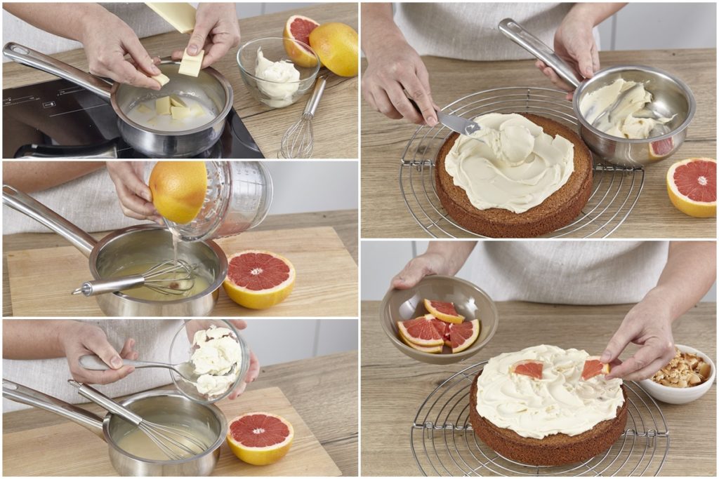 Colaj de poze cu pașii de preparare ai cremei cu aromă de grapefruit și decorarea prăjiturii